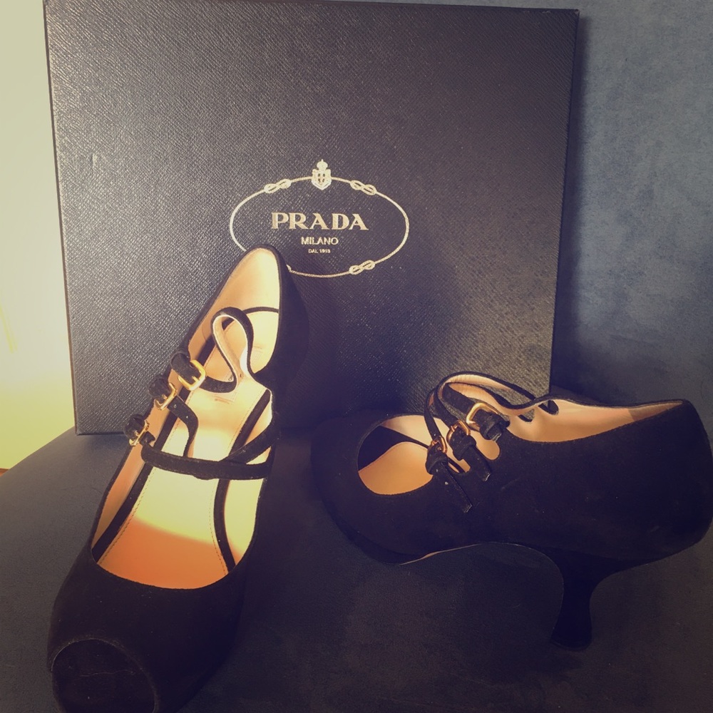 Prada Suede Peep Toe Shoes 2 1/2 inch heel